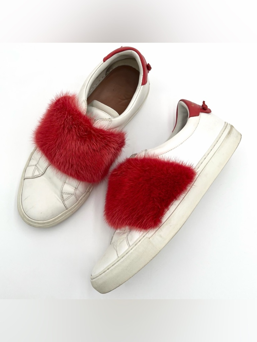 Givenchy Urban Street White Leather Red Mink Fur Slip-On Sneakers EU 39 US 9